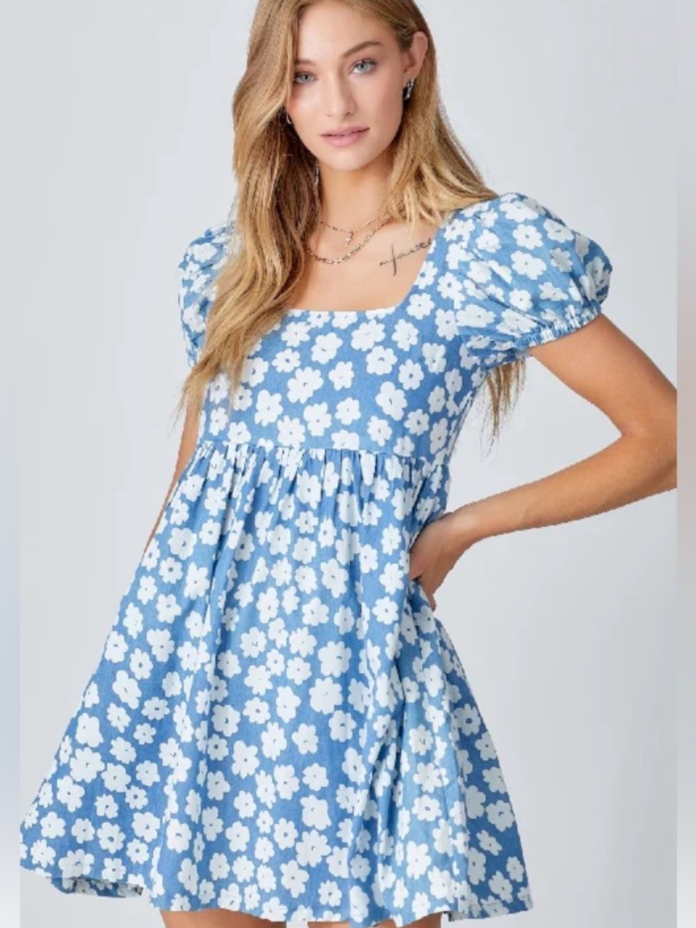 Baltic Born Blue and White Floral Puff-Sleeve Dress size medium